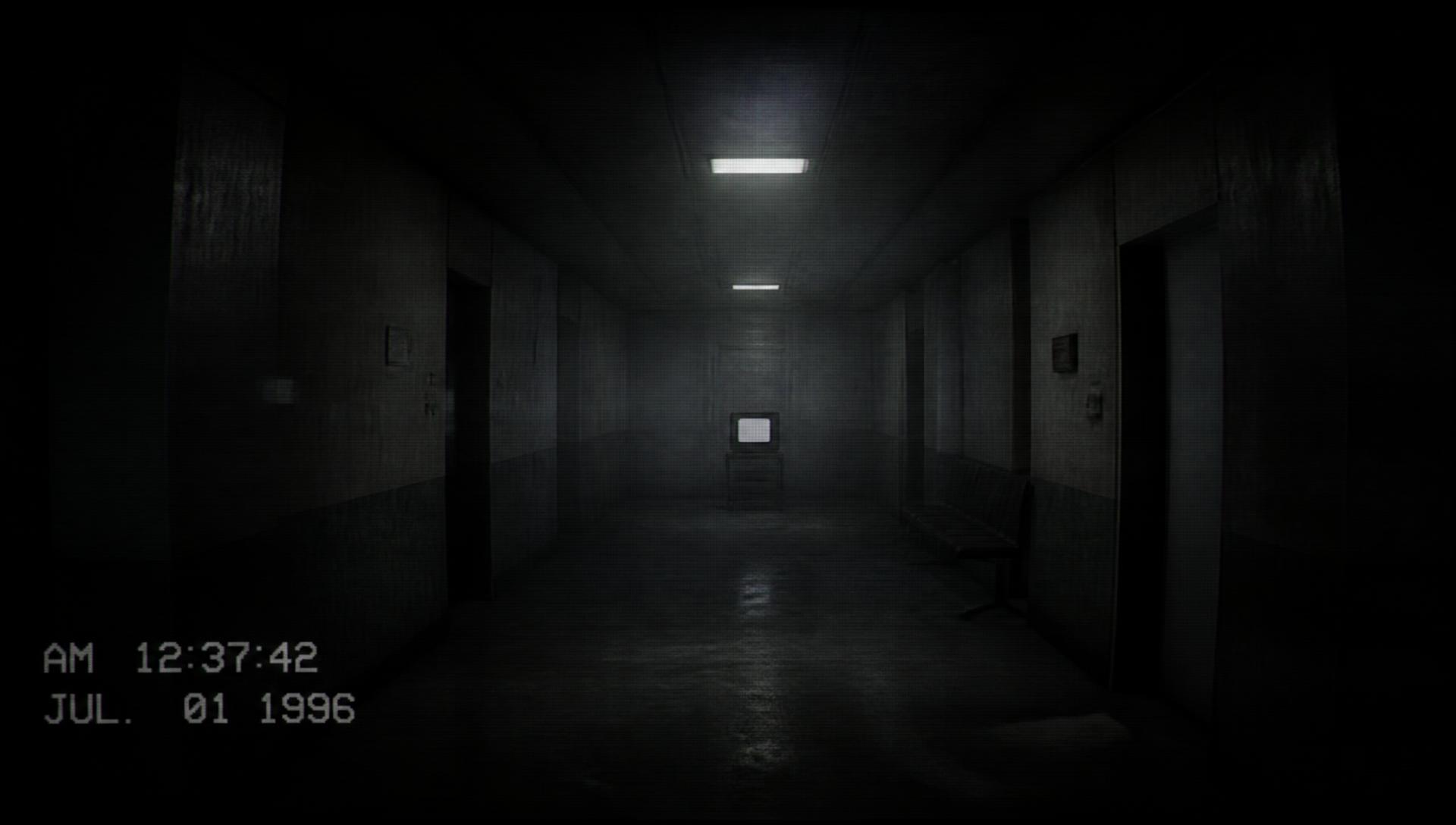 Endless fluorescent-lit facility corridor filled with fog in NULLHOME